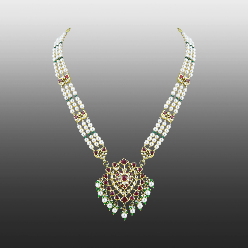 Pearl Pendant Necklace with Emerald Beads and Ruby Colour stones